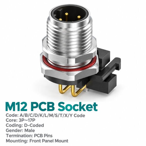 M12 D-Coded Male Front Mount Right Angle PCB Connector, 4-Pin Ethernet