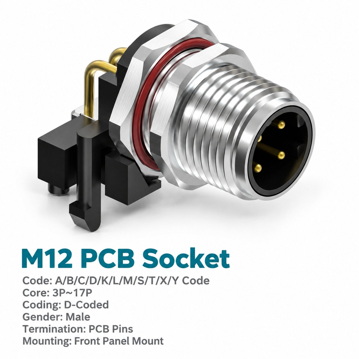 M12 D-Coded Male Front Mount Right Angle PCB Connector, 4-Pin Ethernet M12 D-Coded Male Front Mount Right Angle PCB Connector, 4-Pin Ethernet - Image 3
