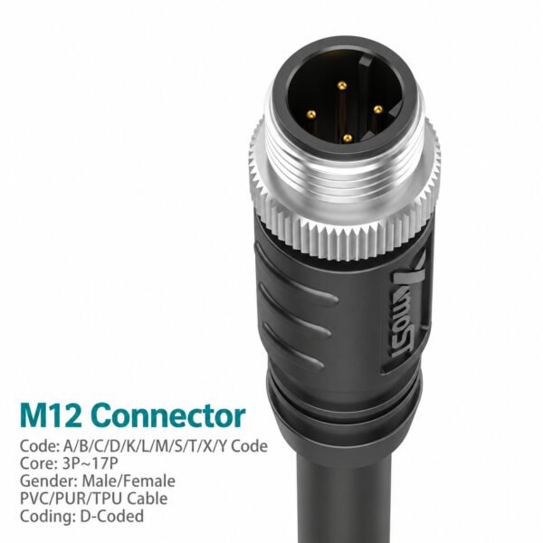 M12 D-Coded Male Straight CAT5e Shielded PROFINET Cable Connector