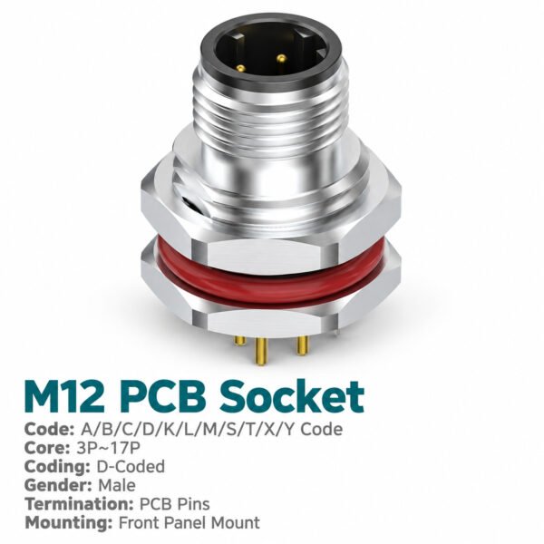 M12 D-Coded Male Front Mount PCB Connector, 4-Pin PROFINET / Ethernet