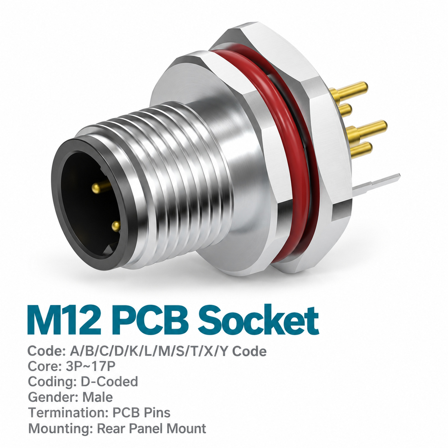 M12 D-Coded Male Rear Mount PCB Connector, 4-Pin PROFINET / Ethernet M12 D-Coded Male Rear Mount PCB Connector, 4-Pin PROFINET / Ethernet - Image 2
