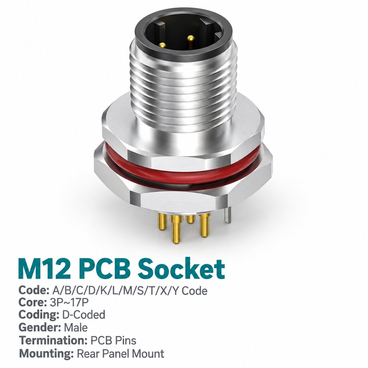 M12 D-Coded Male Rear Mount PCB Connector, 4-Pin PROFINET / Ethernet M12 D-Coded Male Rear Mount PCB Connector, 4-Pin PROFINET / Ethernet