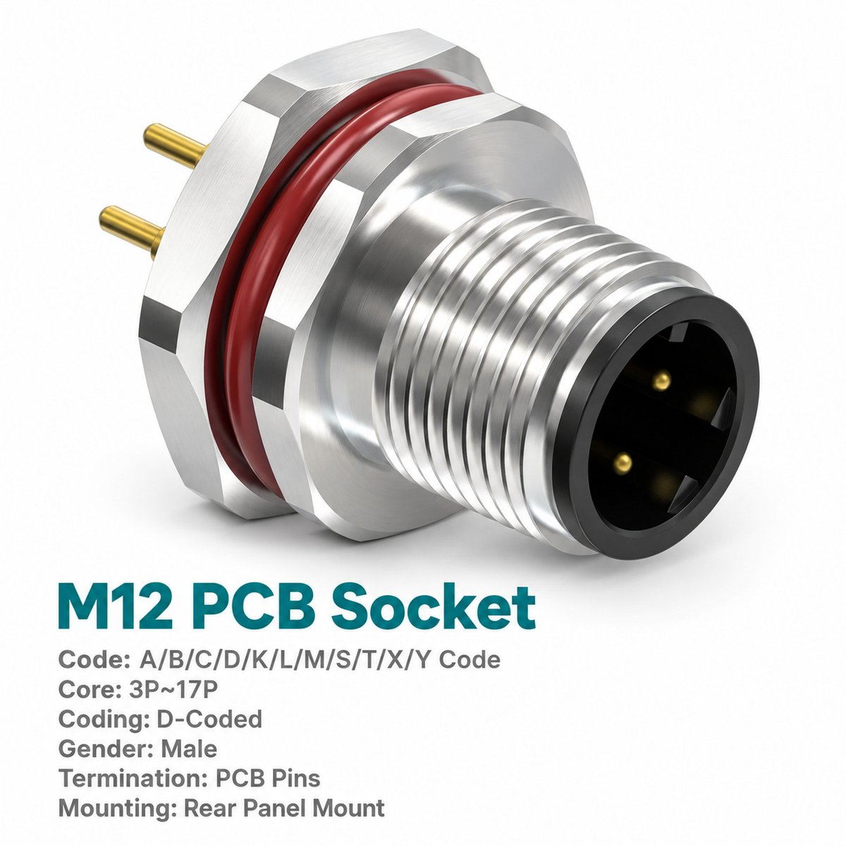 M12 D-Coded Male Rear Mount PCB Connector, 4-Pin PROFINET / Ethernet M12 D-Coded Male Rear Mount PCB Connector, 4-Pin PROFINET / Ethernet - Image 3