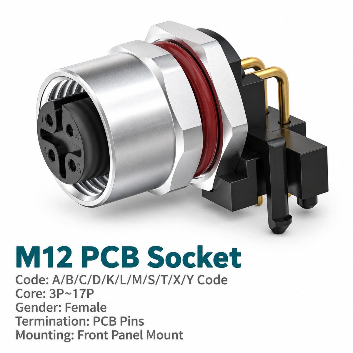M12 A-Coded Female Front Mount Right Angle PCB Socket, 4–12 Pin, Grounding Options M12 A-Coded Female Front Mount Right Angle PCB Socket, 4–12 Pin, Grounding Options - Image 2