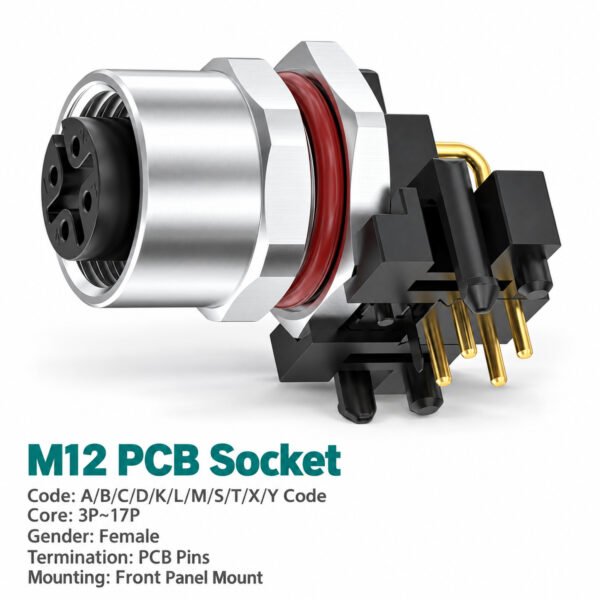 M12 A-Coded Female Front Mount Right Angle PCB Socket, 4–12 Pin, Grounding Options