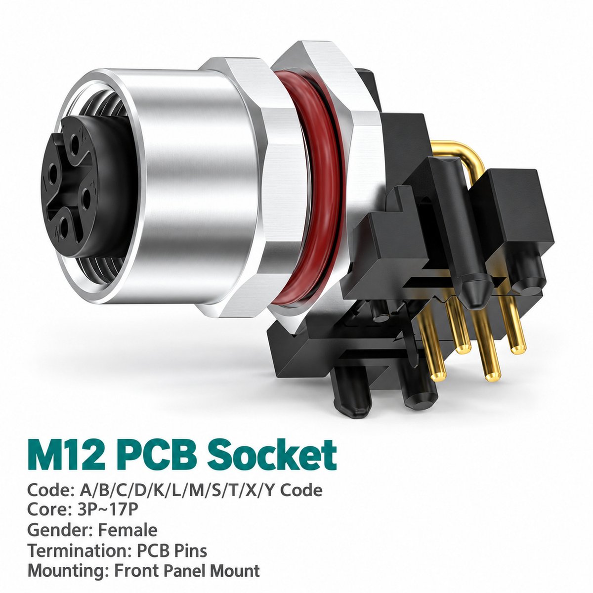 M12 A-Coded Female Front Mount Right Angle PCB Socket, 4–12 Pin, Grounding Options M12 A-Coded Female Front Mount Right Angle PCB Socket, 4–12 Pin, Grounding Options