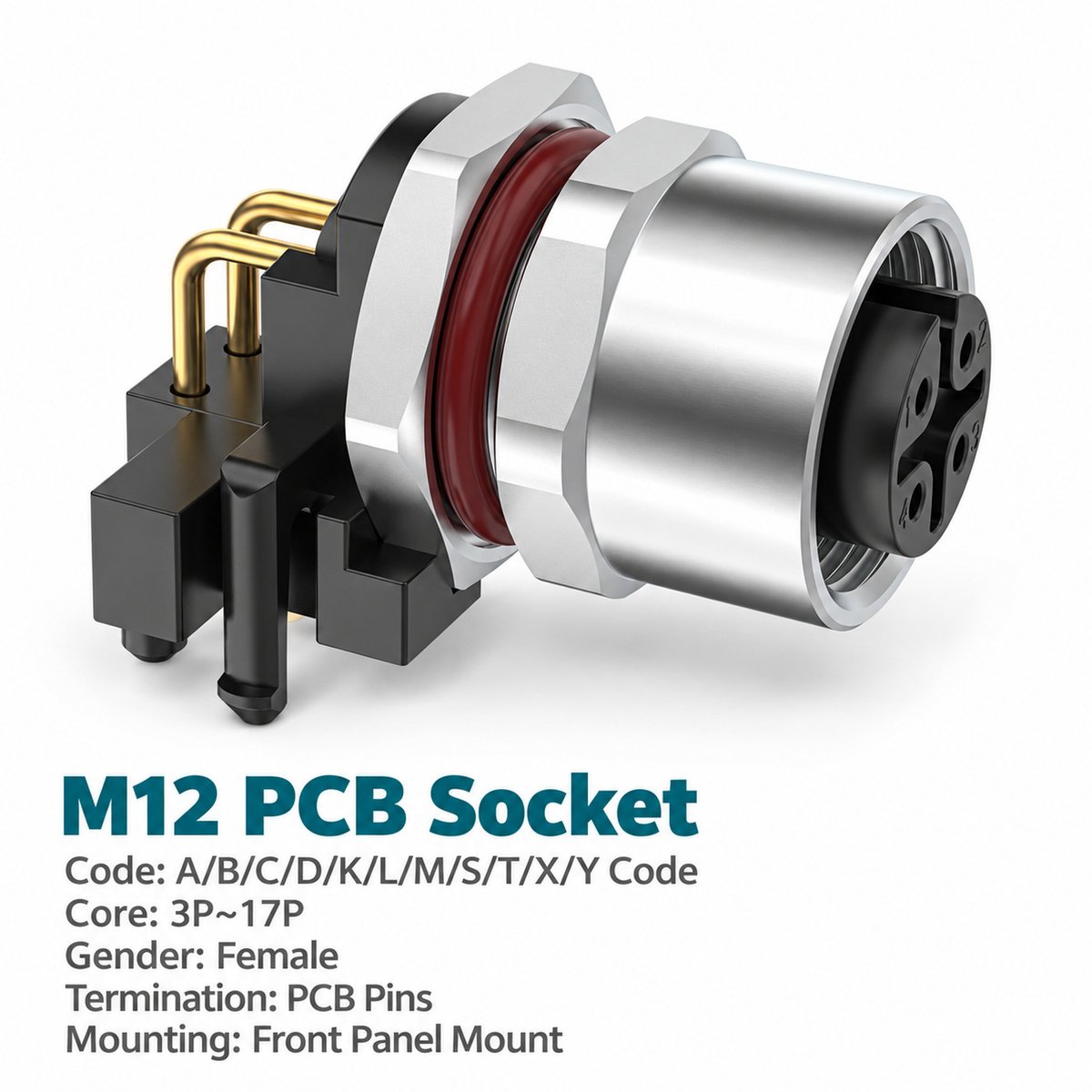 M12 A-Coded Female Front Mount Right Angle PCB Socket, 4–12 Pin, Grounding Options M12 A-Coded Female Front Mount Right Angle PCB Socket, 4–12 Pin, Grounding Options - Image 3