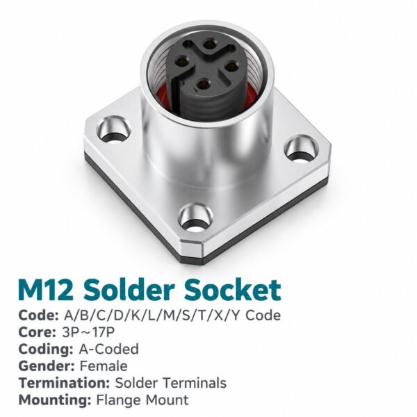 M12 A-Coded Female Flange Socket, Solder, Unwired or Pre-Wired