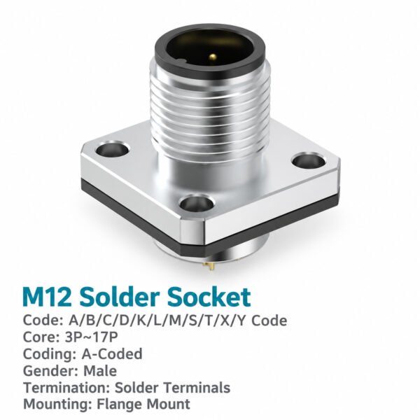 M12 A-Coded Male Flange Socket, Solder, Unwired or Pre-Wired