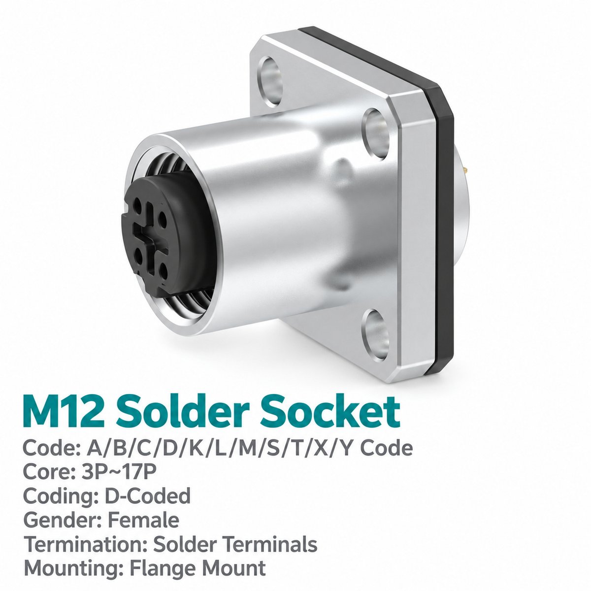 M12 D-Coded Female Flange Socket, Solder, Unwired or Pre-Wired M12 D-Coded Female Flange Socket, Solder, Unwired or Pre-Wired - Image 2