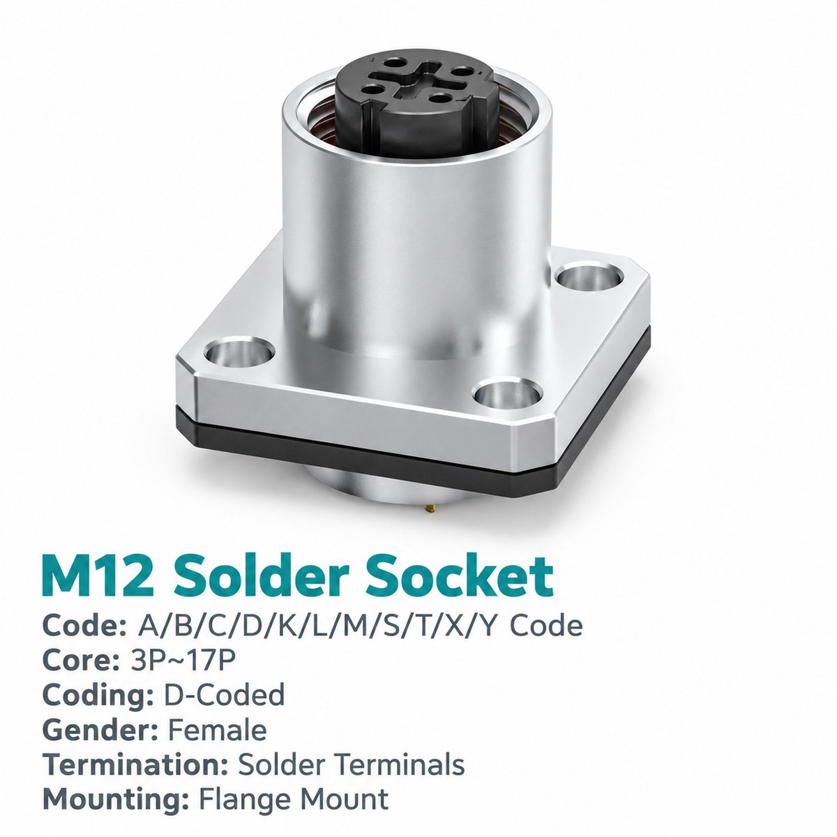 M12 D-Coded Female Flange Socket, Solder, Unwired or Pre-Wired M12 D-Coded Female Flange Socket, Solder, Unwired or Pre-Wired - Image 3