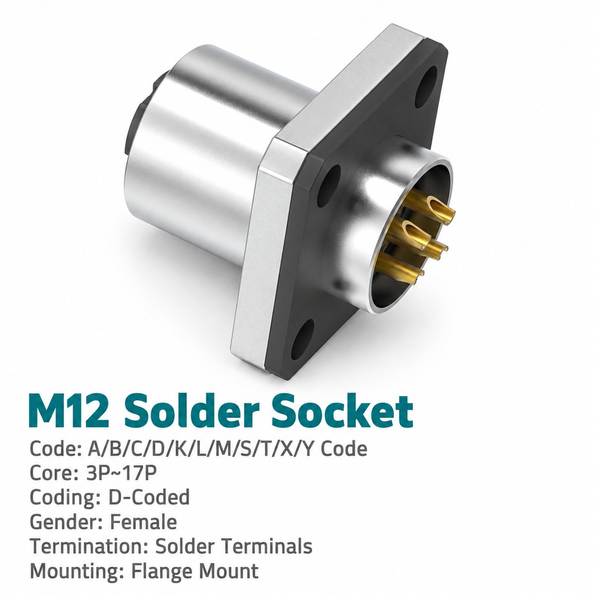 M12 D-Coded Female Flange Socket, Solder, Unwired or Pre-Wired M12 D-Coded Female Flange Socket, Solder, Unwired or Pre-Wired - Image 4