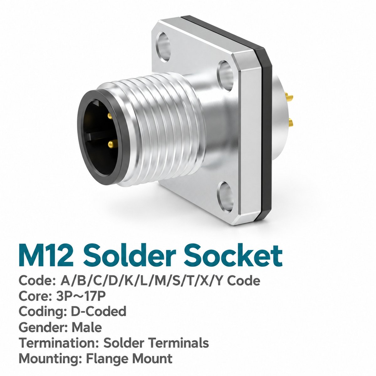 M12 D-Coded Male Flange Socket, Solder, Unwired or Pre-Wired M12 D-Coded Male Flange Socket, Solder, Unwired or Pre-Wired - Image 2