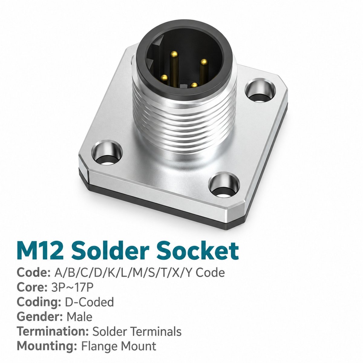 M12 D-Coded Male Flange Socket, Solder, Unwired or Pre-Wired M12 D-Coded Male Flange Socket, Solder, Unwired or Pre-Wired - Image 3