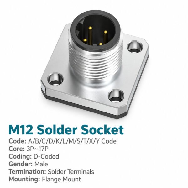 M12 D-Coded Male Flange Socket, Solder, Unwired or Pre-Wired