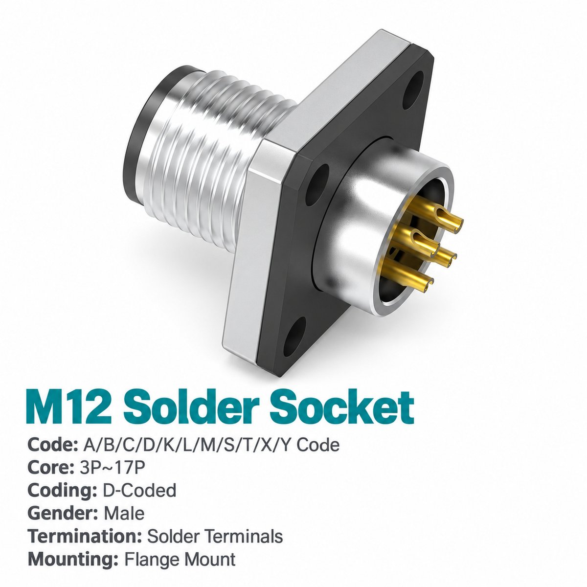 M12 D-Coded Male Flange Socket, Solder, Unwired or Pre-Wired M12 D-Coded Male Flange Socket, Solder, Unwired or Pre-Wired - Image 4