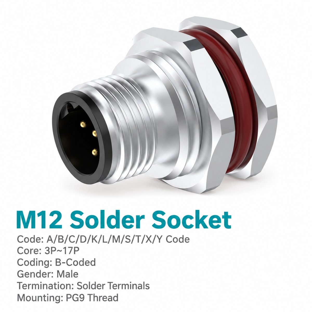 M12 B-Coded Male Front Mount Socket, Solder, Unwired or Pre-Wired M12 B-Coded Male Front Mount Socket, Solder, Unwired or Pre-Wired - Image 2