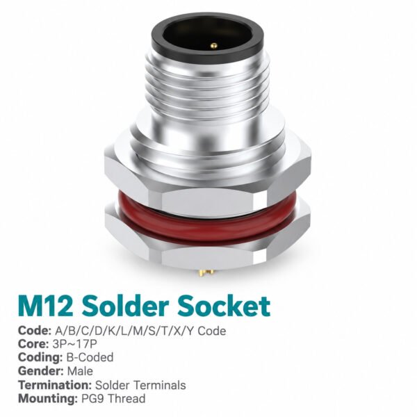 M12 B-Coded Male Front Mount Socket, Solder, Unwired or Pre-Wired