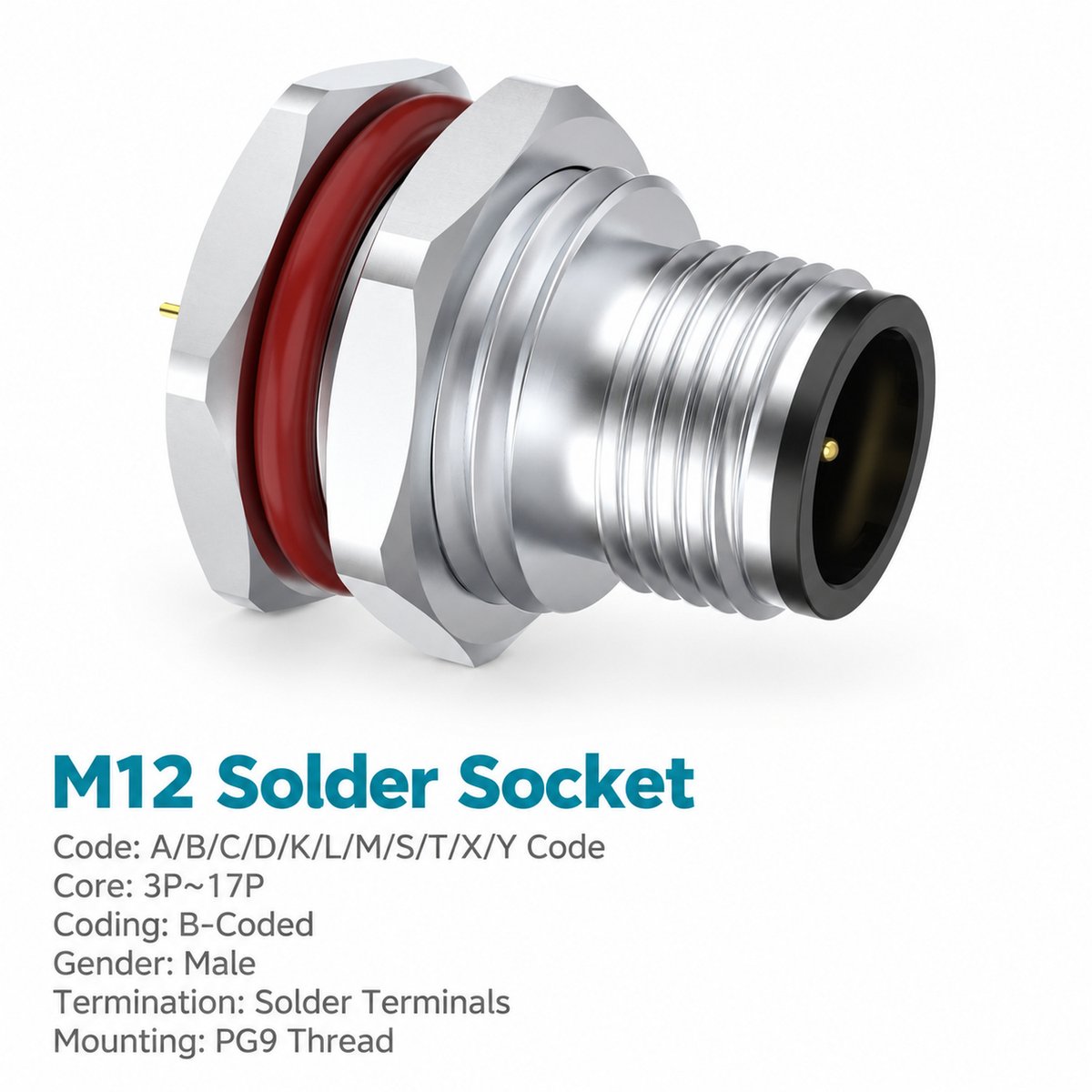 M12 B-Coded Male Front Mount Socket, Solder, Unwired or Pre-Wired M12 B-Coded Male Front Mount Socket, Solder, Unwired or Pre-Wired - Image 4