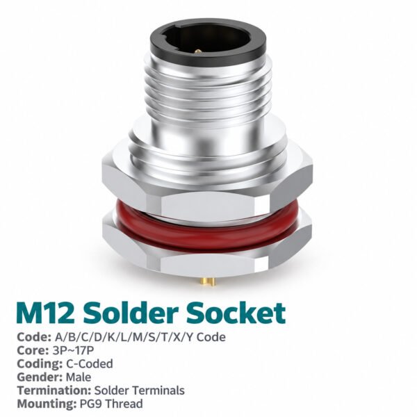 M12 C-Coded Male Front Mount Socket, Solder, Unwired or Pre-Wired