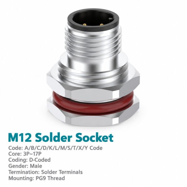 M12 D-Coded Male Front Mount Socket, Solder, Unwired or Pre-Wired
