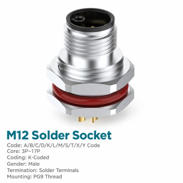 M12 K-Coded Male Front Mount Socket, Solder or Crimp, Unwired or Pre-Wired
