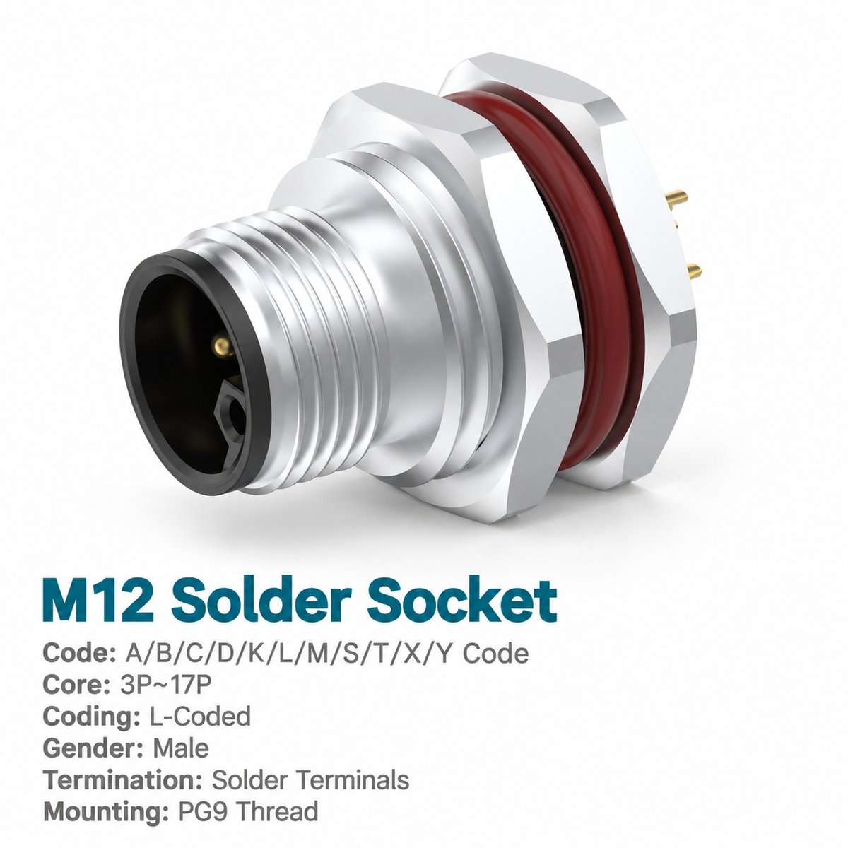 M12 L-Coded Male Front Mount Socket, Solder, Unwired or Pre-Wired M12 L-Coded Male Front Mount Socket, Solder, Unwired or Pre-Wired - Image 2