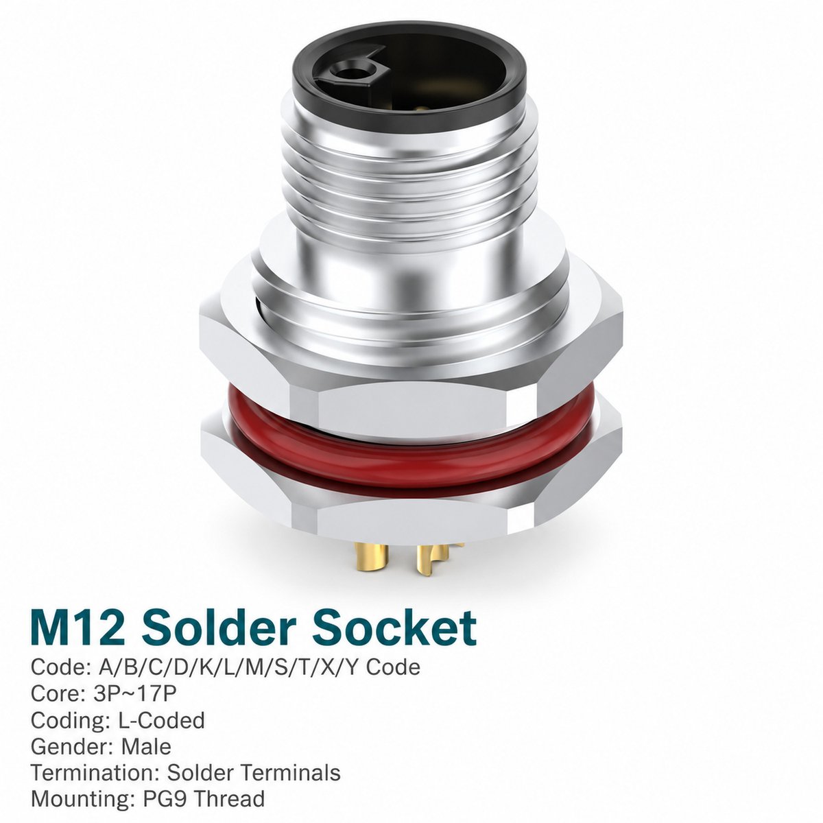 M12 L-Coded Male Front Mount Socket, Solder, Unwired or Pre-Wired M12 L-Coded Male Front Mount Socket, Solder, Unwired or Pre-Wired