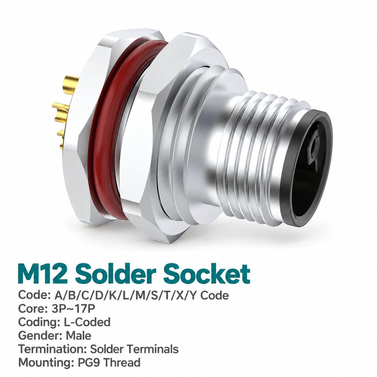 M12 L-Coded Male Front Mount Socket, Solder, Unwired or Pre-Wired M12 L-Coded Male Front Mount Socket, Solder, Unwired or Pre-Wired - Image 3