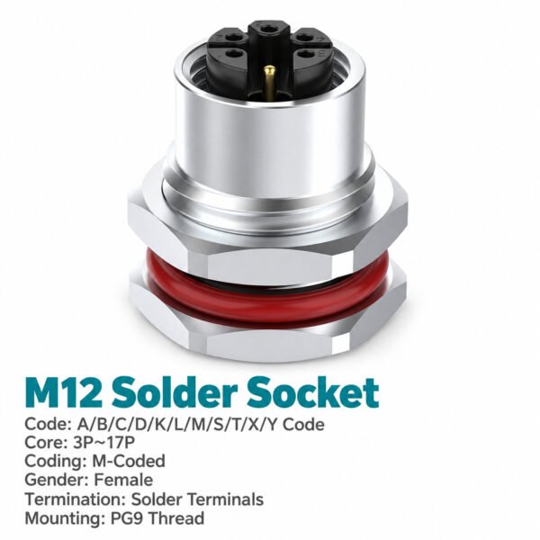 M12 M-Coded Female Front Mount AC Power Socket, Solder, Unwired or Pre-Wired