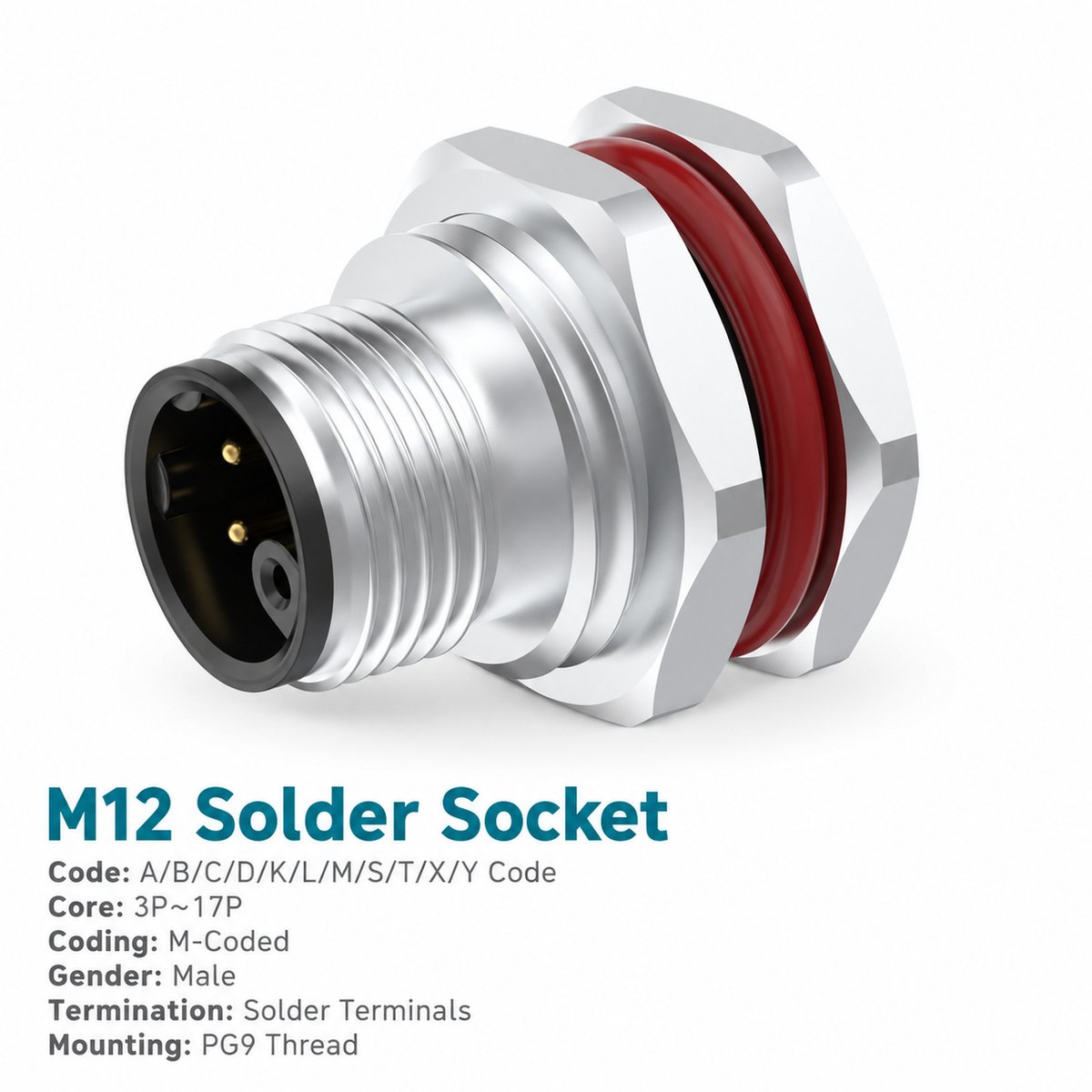M12 M-Coded Male Front Mount Socket, Solder, Unwired or Pre-Wired M12 M-Coded Male Front Mount Socket, Solder, Unwired or Pre-Wired - Image 2