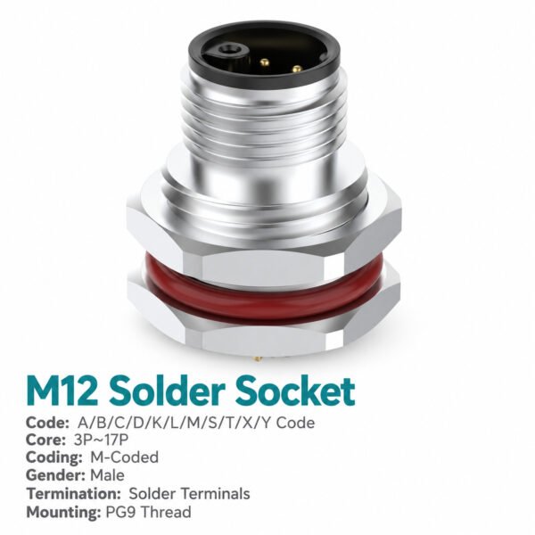 M12 M-Coded Male Front Mount Socket, Solder, Unwired or Pre-Wired
