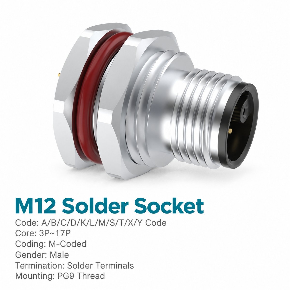 M12 M-Coded Male Front Mount Socket, Solder, Unwired or Pre-Wired M12 M-Coded Male Front Mount Socket, Solder, Unwired or Pre-Wired - Image 3