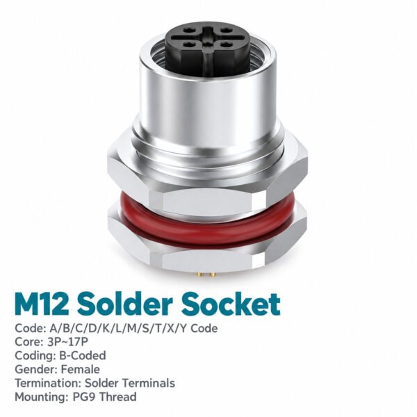 M12 B-Coded Female Front Mount Socket, Solder, Unwired or Pre-Wired