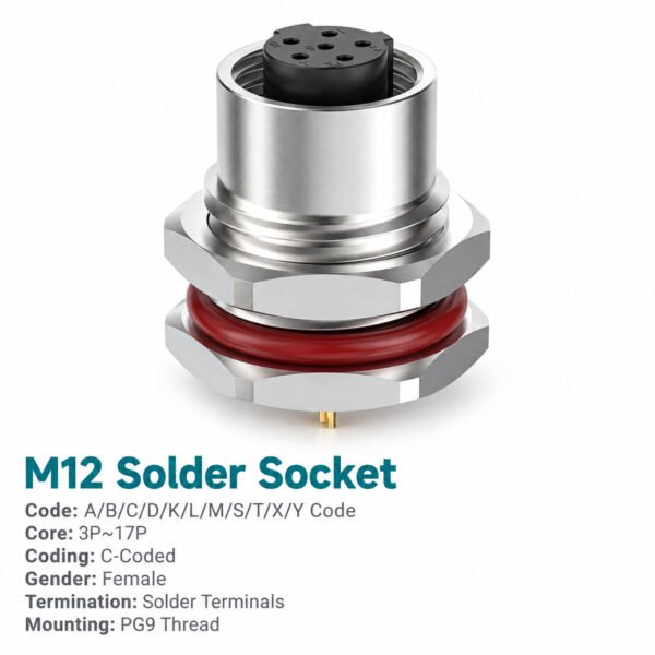 M12 C-Coded Female Front Mount Socket, Solder, Unwired or Pre-Wired