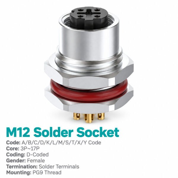 M12 D-Coded Female Front Mount Socket, Solder, PROFINET Type