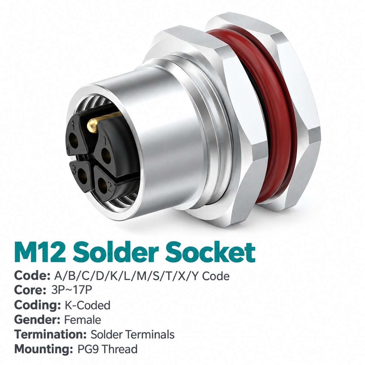 M12 K-Coded Female Front Mount Power Socket, Solder or Crimp M12 K-Coded Female Front Mount Power Socket, Solder or Crimp - Image 2