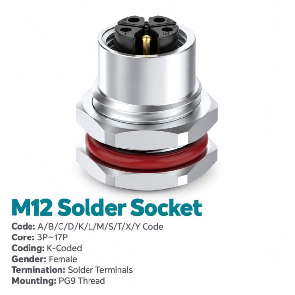 M12 K-Coded Female Front Mount Power Socket, Solder or Crimp