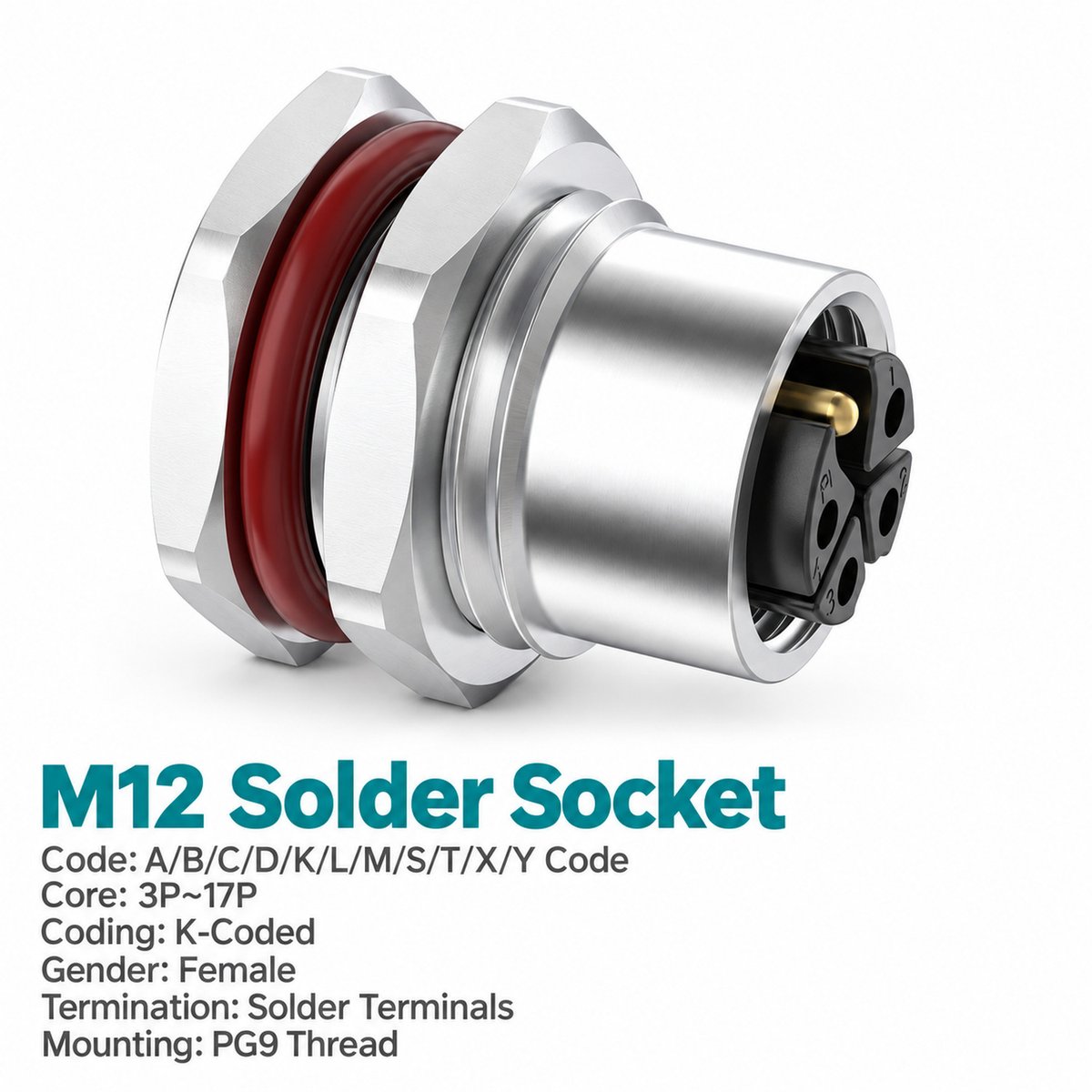 M12 K-Coded Female Front Mount Power Socket, Solder or Crimp M12 K-Coded Female Front Mount Power Socket, Solder or Crimp - Image 3