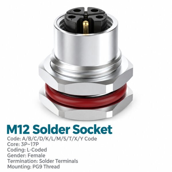 M12 L-Coded Female Front Mount DC Power Socket, Solder, Unwired or Pre-Wired