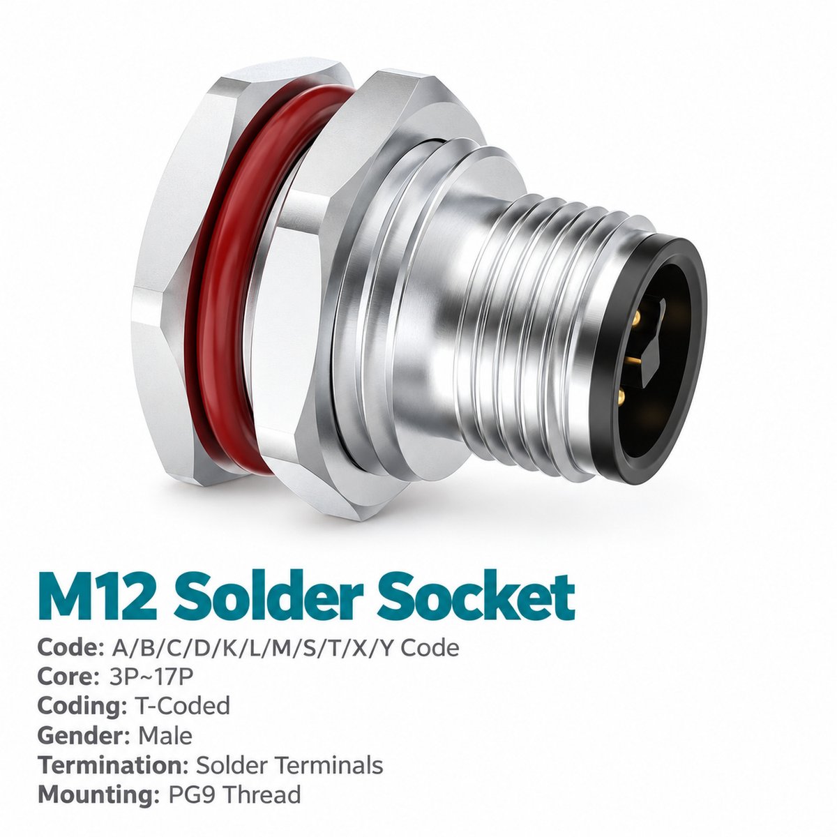M12 T-Coded Male Front Mount DC Power Socket, Solder or Crimp M12 T-Coded Male Front Mount DC Power Socket, Solder or Crimp - Image 3