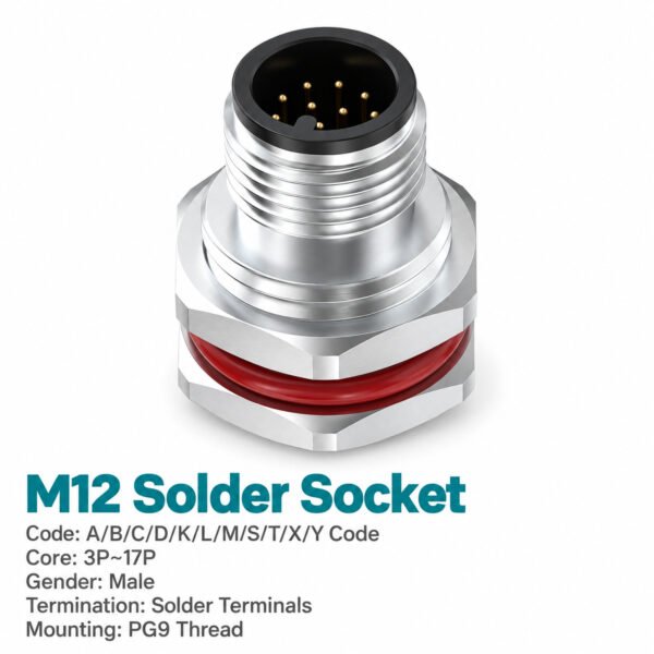 M12 A-Coded Male Front Mount Socket, Solder, Unwired or Pre-Wired