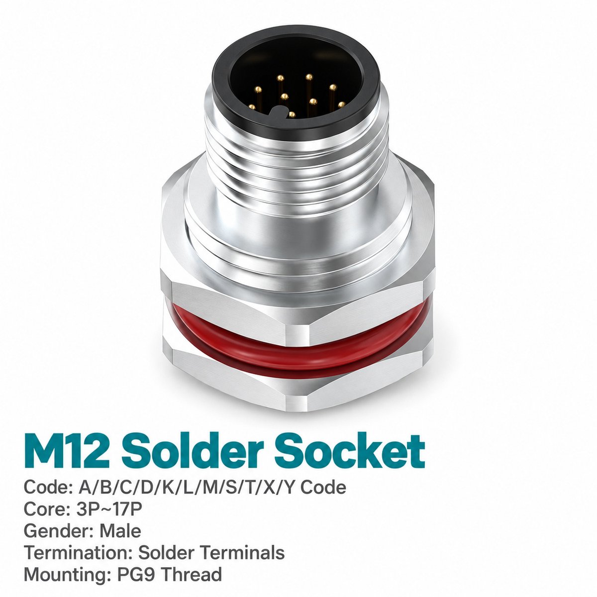 M12 A-Coded Male Front Mount Socket, Solder, Unwired or Pre-Wired M12 A-Coded Male Front Mount Socket, Solder, Unwired or Pre-Wired