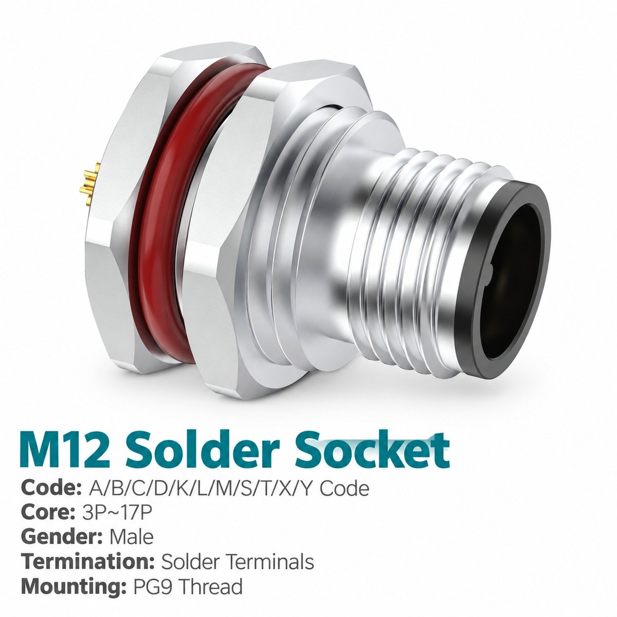 M12 A-Coded Male Front Mount Socket, Solder, Unwired or Pre-Wired M12 A-Coded Male Front Mount Socket, Solder, Unwired or Pre-Wired - Image 2
