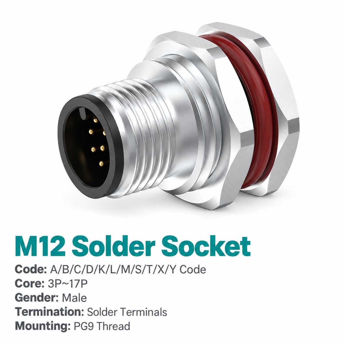 M12 A-Coded Male Front Mount Socket, Solder, Unwired or Pre-Wired M12 A-Coded Male Front Mount Socket, Solder, Unwired or Pre-Wired - Image 3