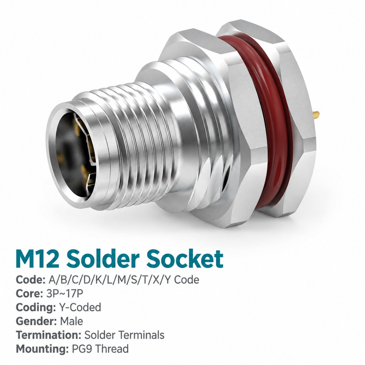 M12 Y-Coded Male Front Mount Hybrid Socket, Ethernet and Power, Solder M12 Y-Coded Male Front Mount Hybrid Socket, Ethernet and Power, Solder - Image 2