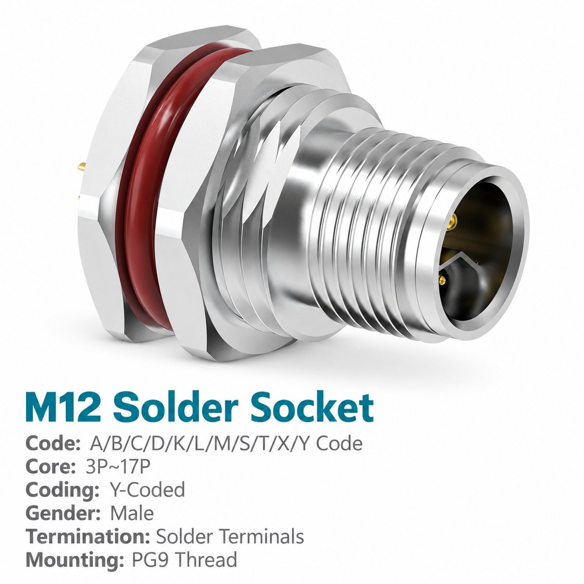 M12 Y-Coded Male Front Mount Hybrid Socket, Ethernet and Power, Solder M12 Y-Coded Male Front Mount Hybrid Socket, Ethernet and Power, Solder - Image 3