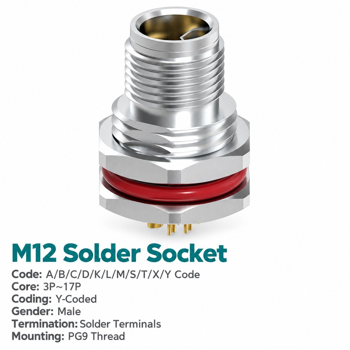 M12 Y-Coded Male Front Mount Hybrid Socket, Ethernet and Power, Solder M12 Y-Coded Male Front Mount Hybrid Socket, Ethernet and Power, Solder