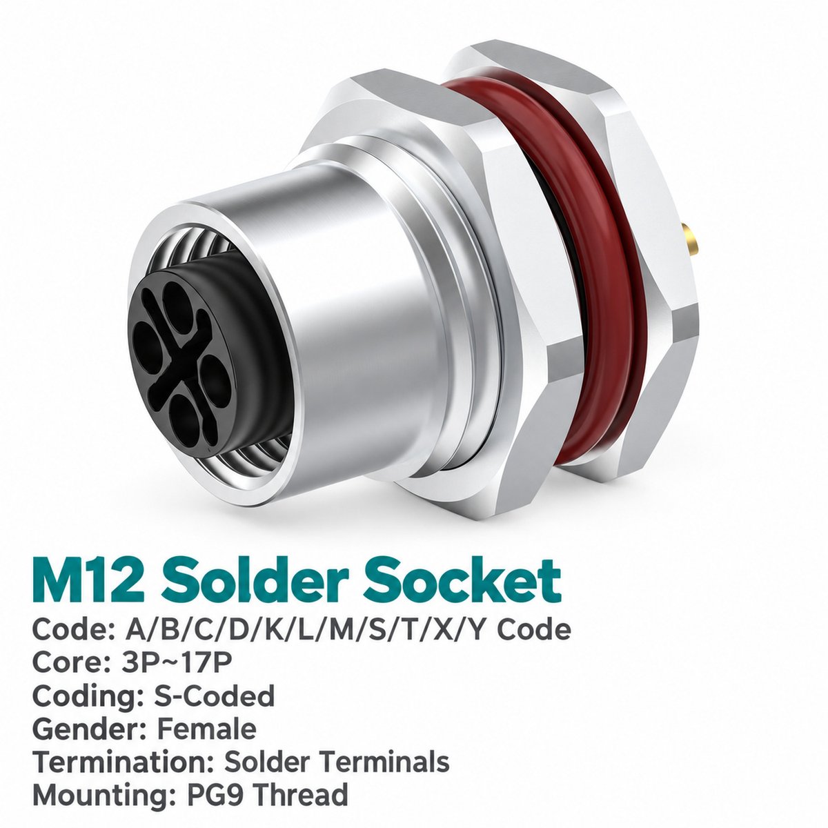 M12 S-Coded Female Front Mount Power Socket, 12A 630V, Solder or Crimp M12 S-Coded Female Front Mount Power Socket, 12A 630V, Solder or Crimp - Image 2