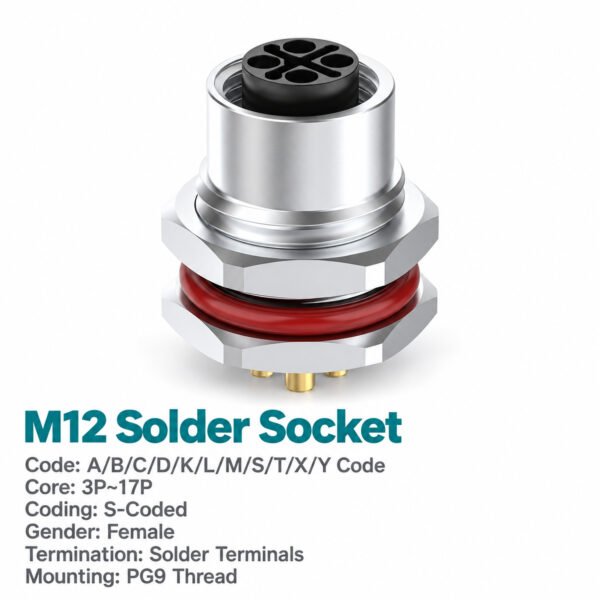 M12 S-Coded Female Front Mount Power Socket, 12A 630V, Solder or Crimp